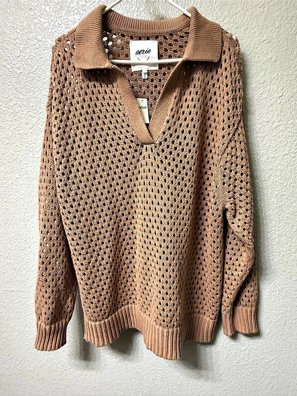 aerie Open Knit Polo Sweater Cotton Brown Size Large